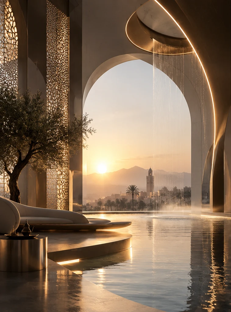 Atrium futuriste aux arches marocaines au coucher du soleil