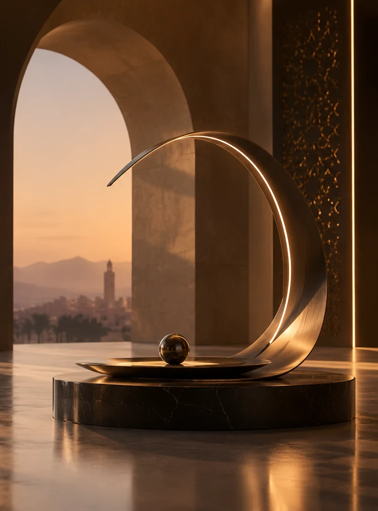 Sculpture en bronze sous une arche, face à la médina au coucher du soleil