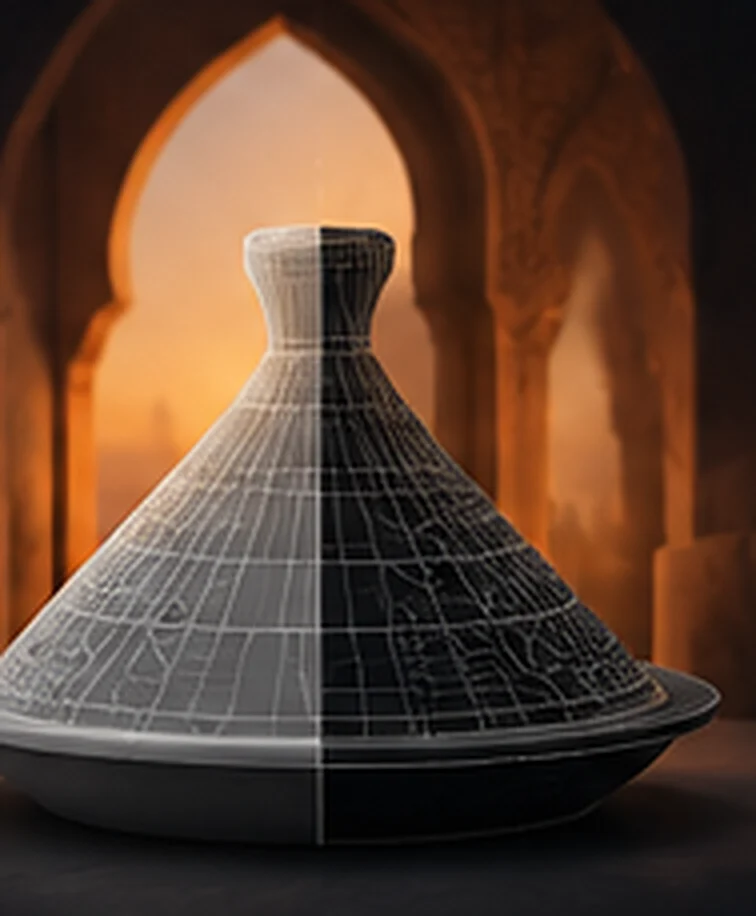 Tajine en cours de modélisation, moitié maillage, moitié imprimé